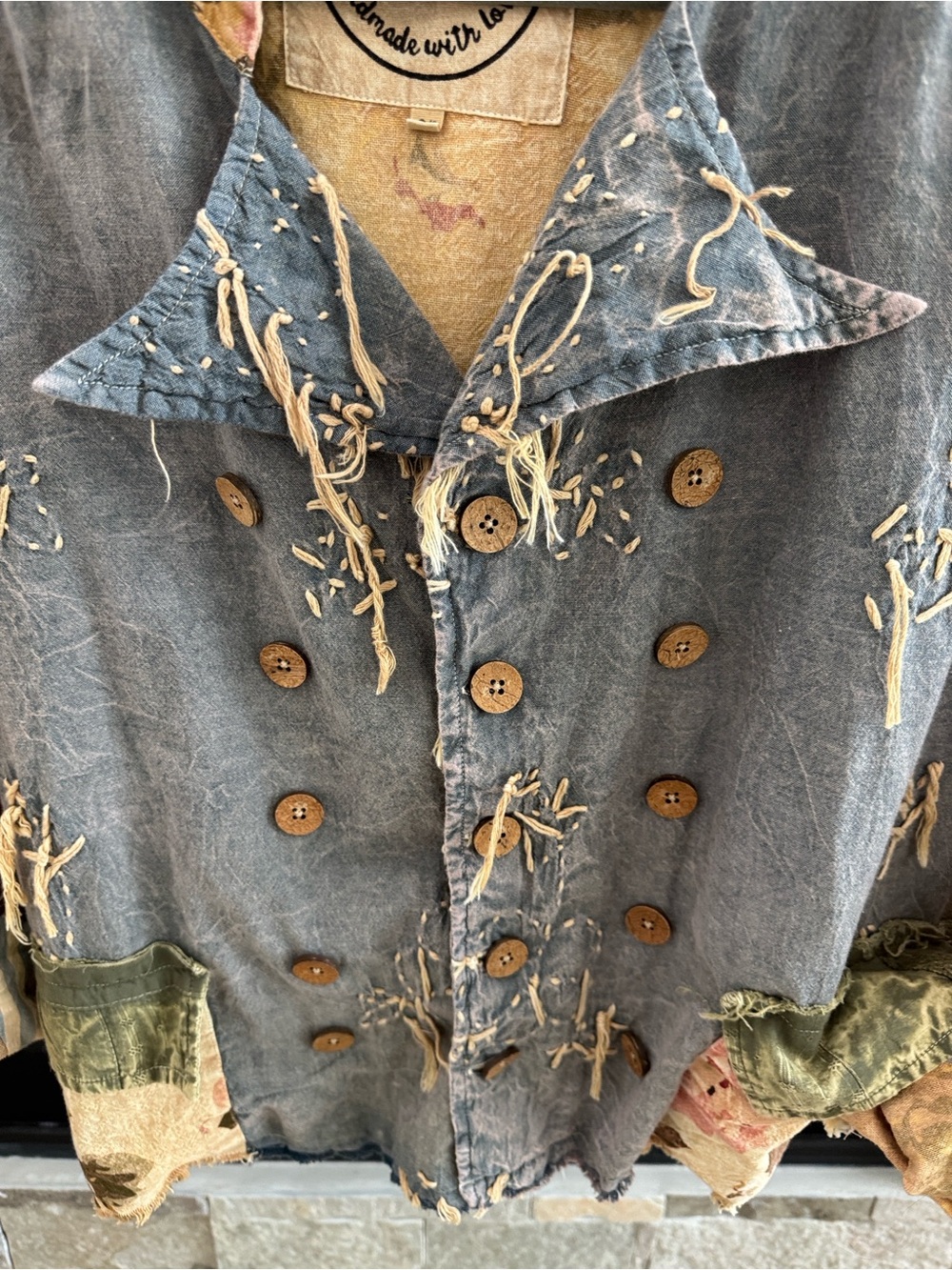 Embroidered Washed Blue Double-Breasted Jacket